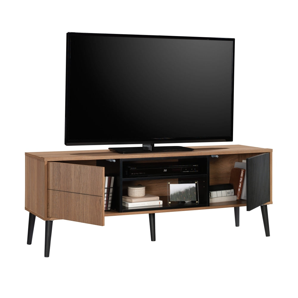 Sauder Ambleside Modern Entertainment Credenza For 60in TVs, 20-7/8inH x 55-7/8inW x 15-5/8inD, Serene Walnut/Black