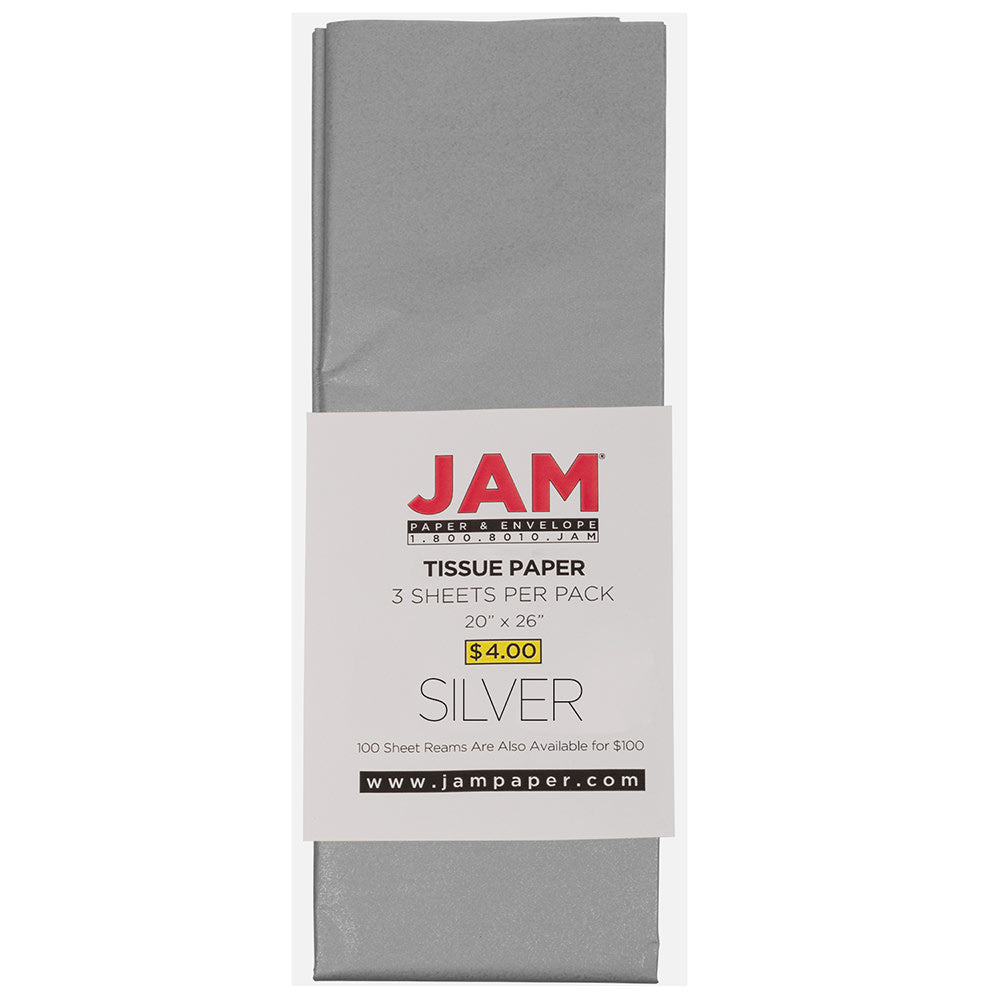 JAM Paper Tissue Paper, 26inH x 20inW x 1/8inD, Silver, Pack Of 10 Sheets