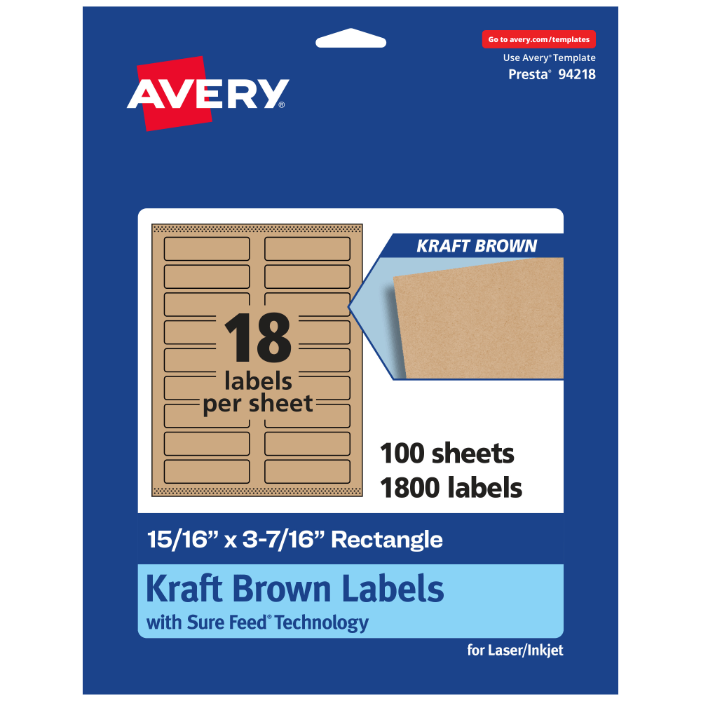 Avery Kraft Permanent Labels With Sure Feed, 94218-KMP100, Rectangle, 15/16in x 3-7/16in, Brown, Pack Of 1,800