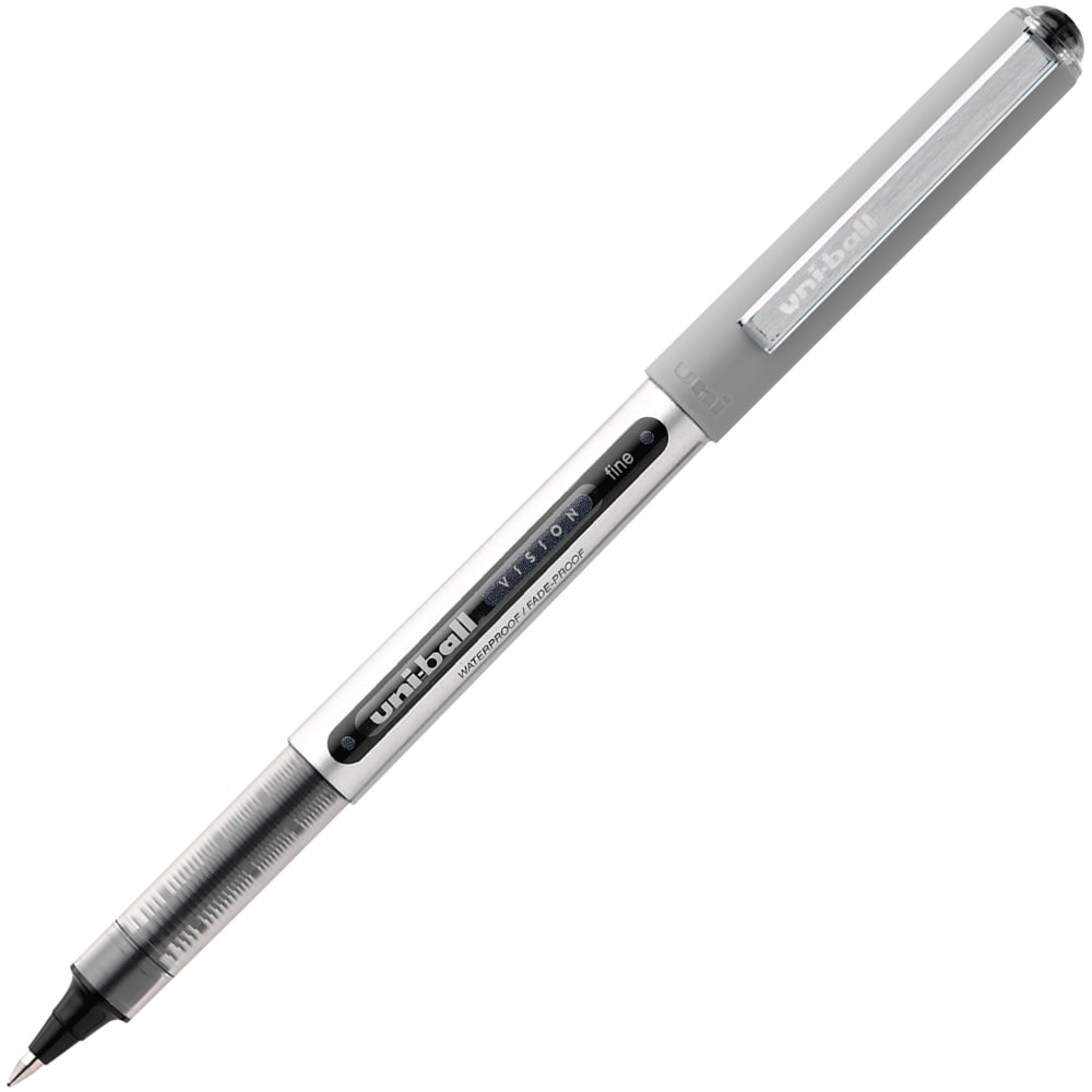 uni-ball Vision Rollerball Pens, Fine Point, 0.7 mm, Gray Barrel, Black Ink, Pack Of 12