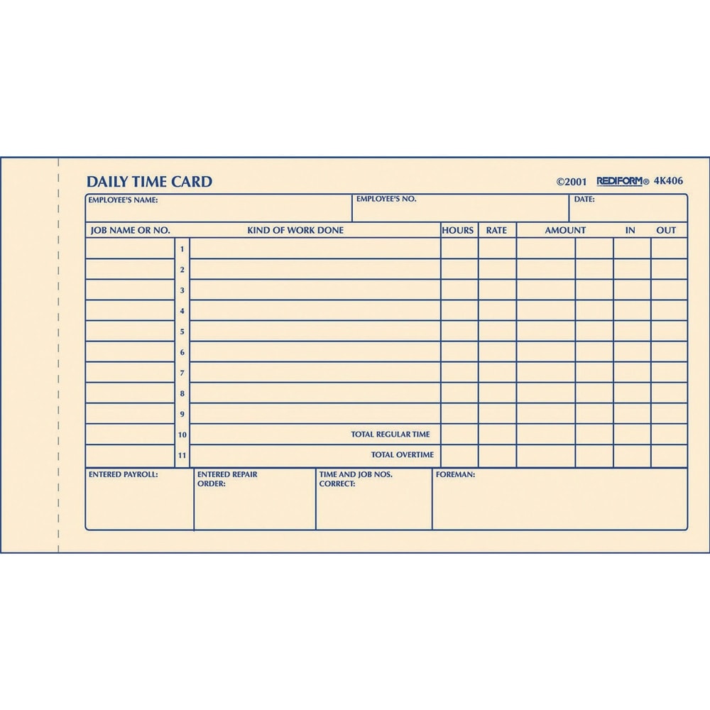 Rediform Daily Time Clock Card Pads, For Daily Time/2-Page, 4.25in x 7in, Manila, 100 Pages