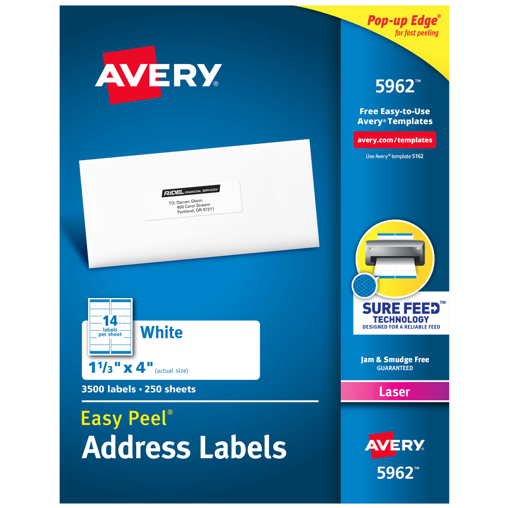 Avery Easy Peel Address Labels With Sure Feed Technology, 5962, Rectangle, 1-1/3in x 4in, White, Pack Of 3,500