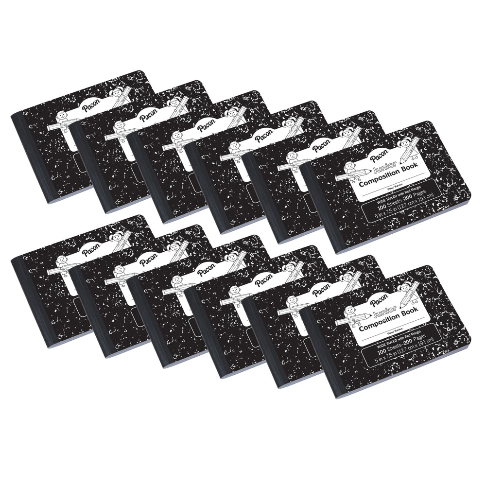 Pacon Junior Composition Books, Wide Ruled, 5in x 7-1/2in, Black Marble, 100 Sheets, Pack Of 12 Books