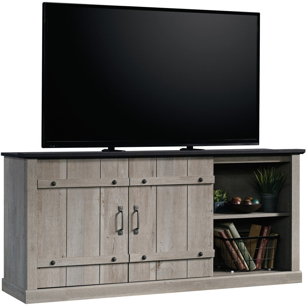 Sauder Select Farmhouse Entertainment Credenza With Sliding Doors For 70in TVs, Mystic Oak/Raven Oak