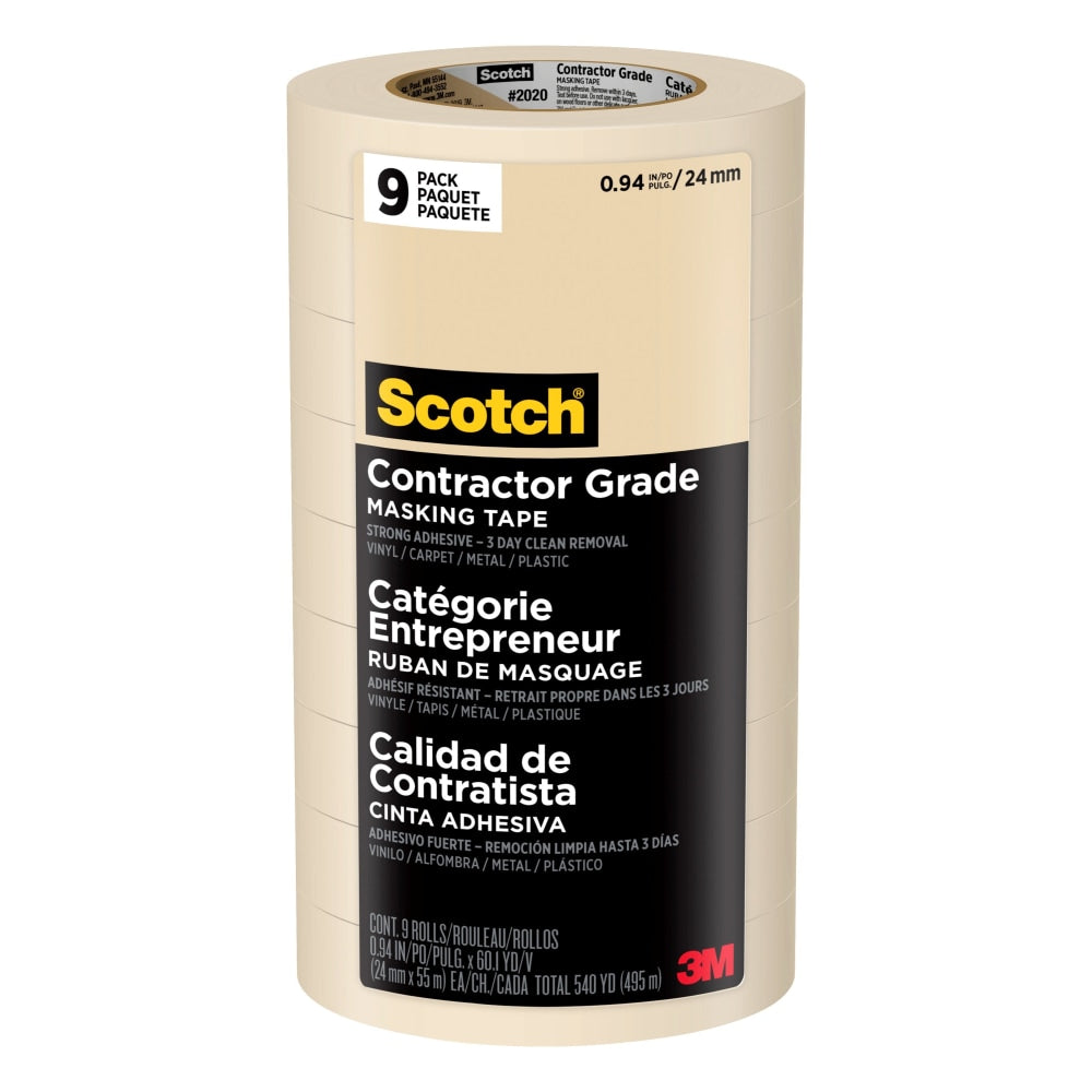 Scotch Contractor-Grade Masking Tape, Removable, 0.94in x 60.1 Yd., White, Pack Of 9 Rolls