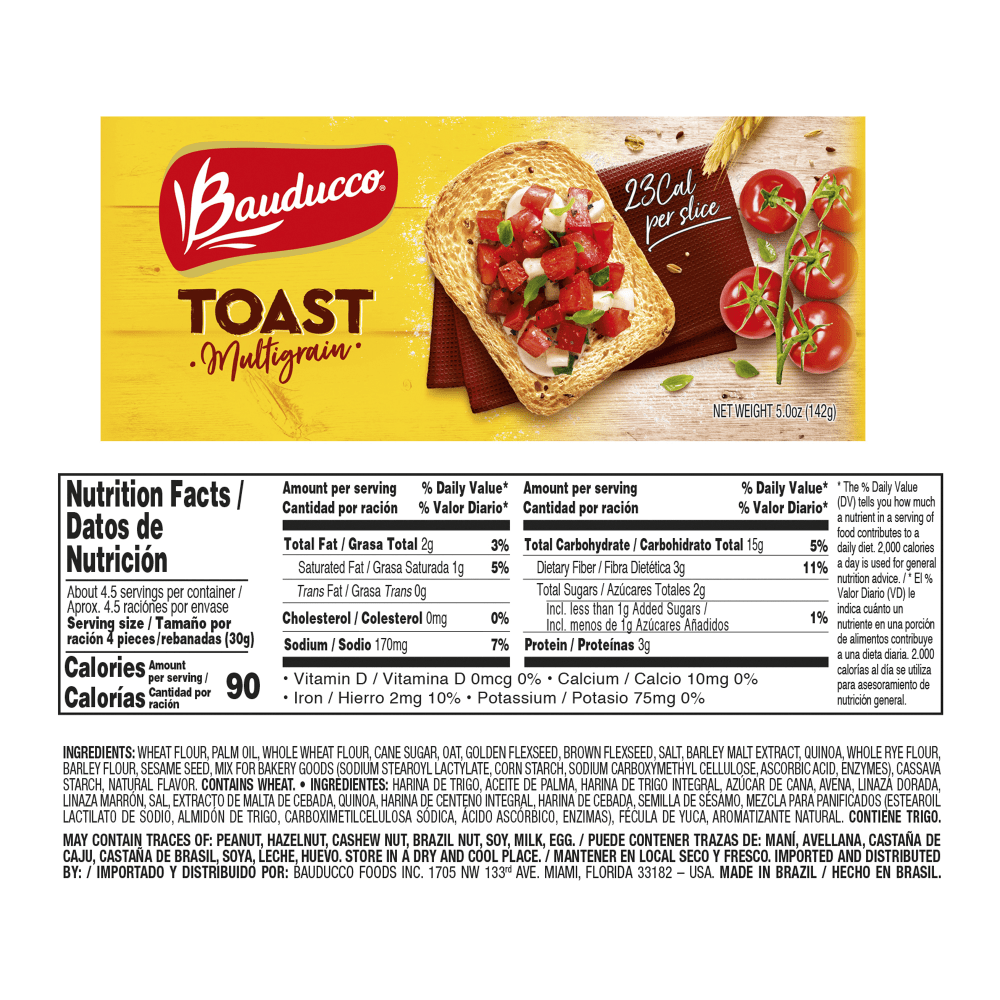 Bauducco Foods Toast, Multi-Grain, 5 Oz, Pack Of 30 Slices