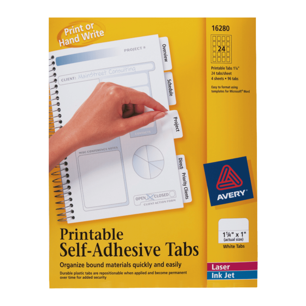 Avery Printable Self-Adhesive Tabs, 1 1/4in x 1in, White, Pack Of 96