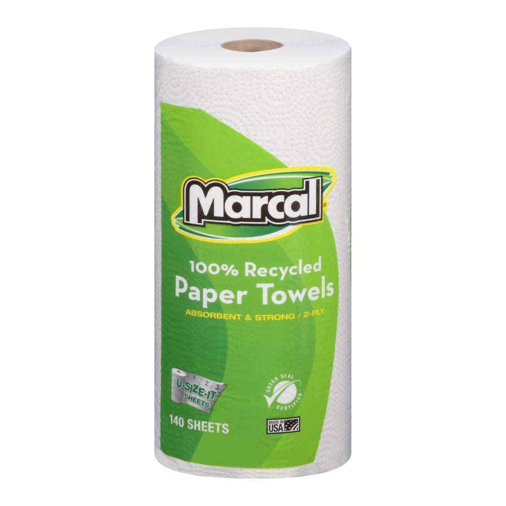 Marcal Small Steps U-Size-It 1-Ply Paper Towels, 100% Recycled, 140 Sheets Per Roll, Pack Of 12 Rolls