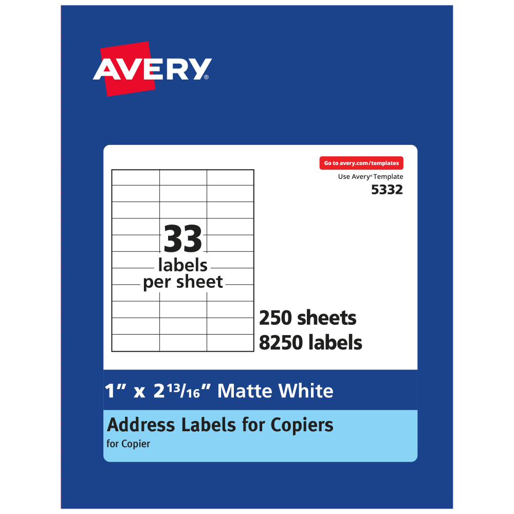 Avery Copier Permanent Address Labels, 5332, 1in x 2 13/16in, White, Pack Of 8,250