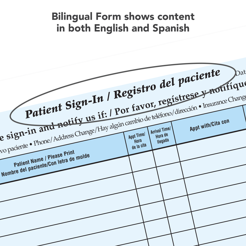 HIPAA-Compliant Bilingual Patient/Visitor Privacy Sign-In Sheets, 2-Part, 8-1/2in x 11in, Blue, Pack Of 500 Sheets