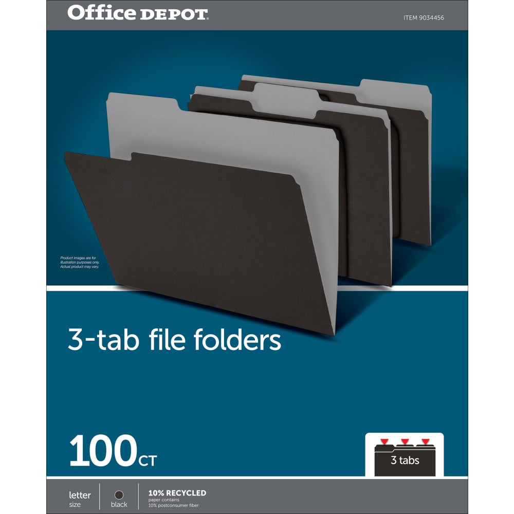 Office Depot Brand File Folders, 1/3 Cut, Letter Size, Black, Box Of 100 Folders