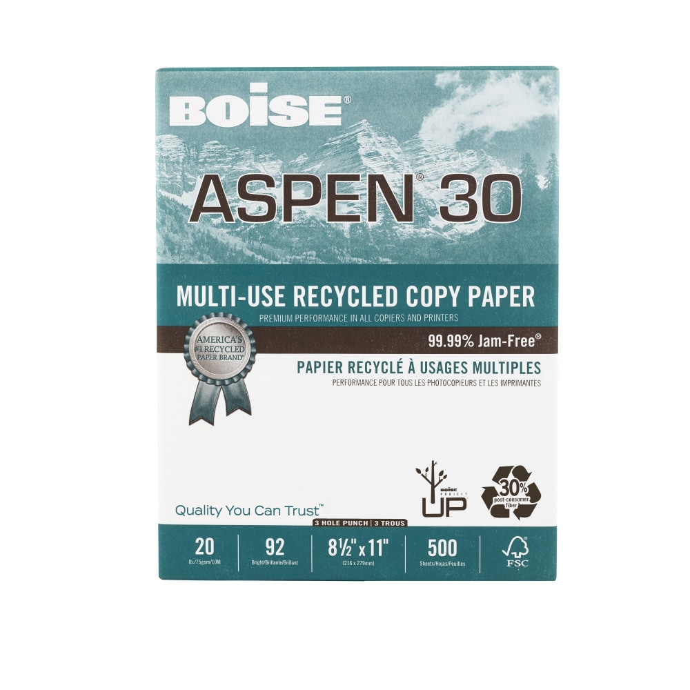 Boise ASPEN 30 3-Hole Punched Multi-Use Printer & Copy Paper, White, Letter (8.5in x 11in), 500 Sheets Per Ream, 20 Lb, 92 Brightness, 30% Recycled, FSC Certified