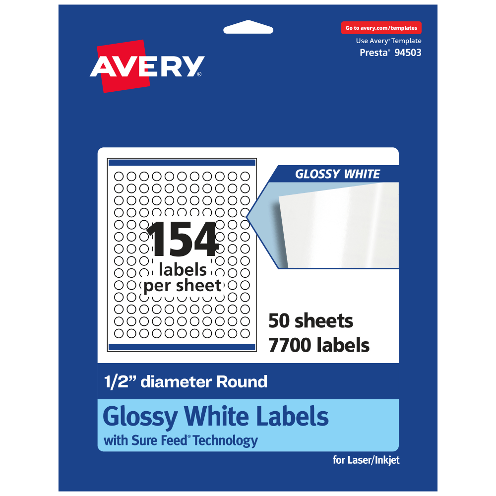 Avery Glossy Permanent Labels With Sure Feed, 94503-WGP50, Round, 1/2in Diameter, White, Pack Of 7,700