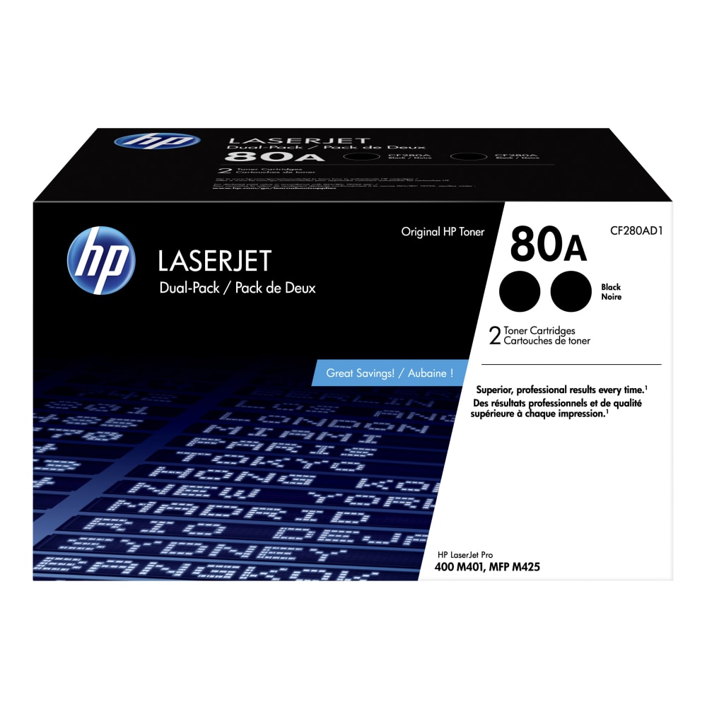 HP 80A Black Toner Cartridges, Pack Of 2, CF280AD1