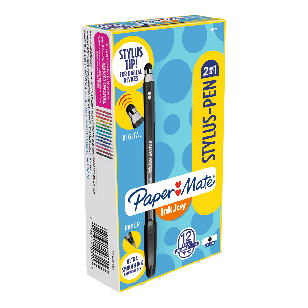 Paper Mate InkJoy 2-in-1 Stylus Pen, Black Barrel, Pack of 12