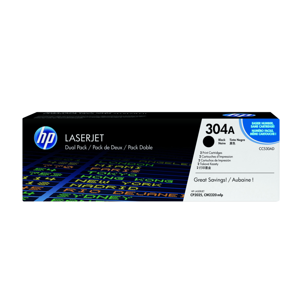 HP 304A Black Toner Cartridges, Pack Of 2, CC530A