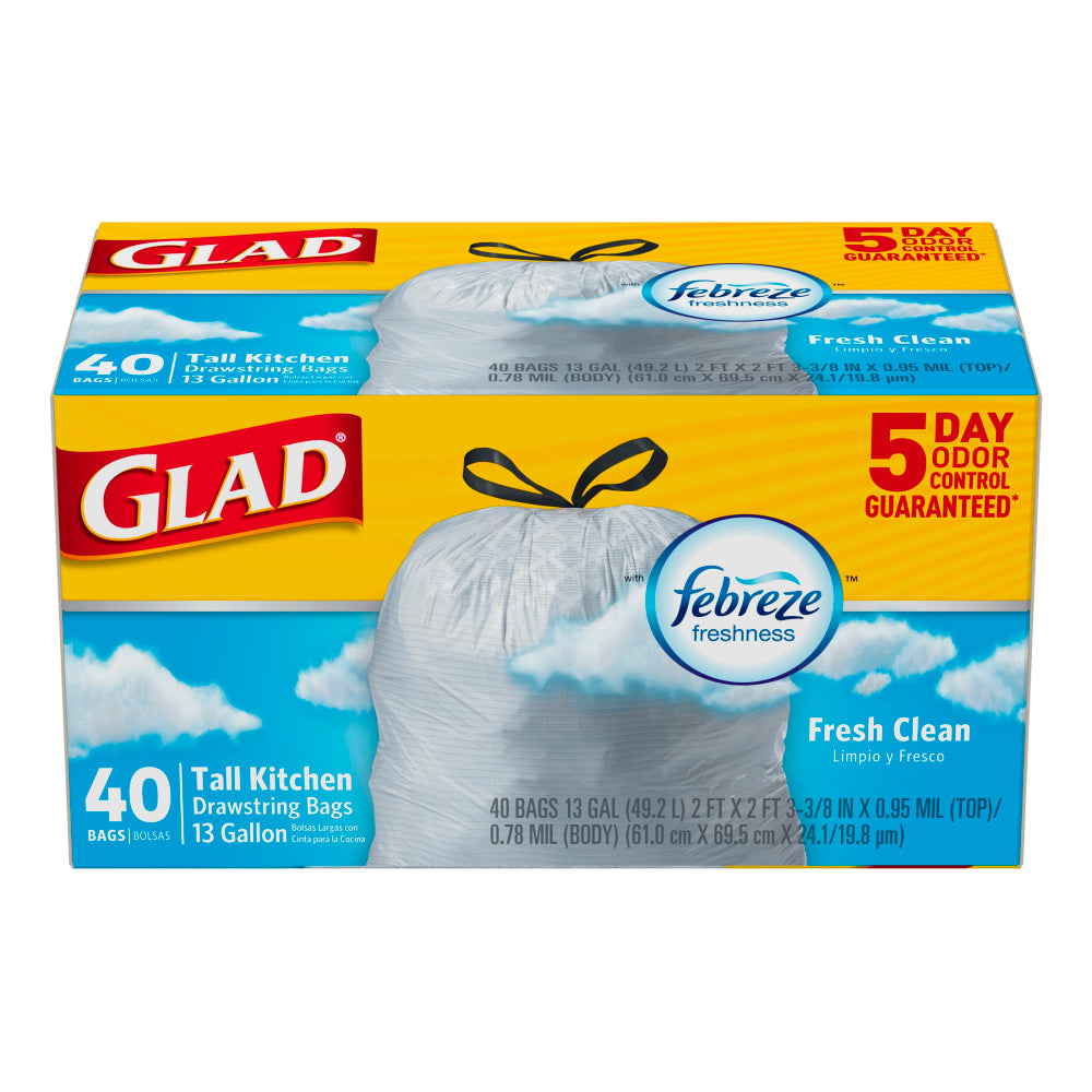 Glad ForceFlex Tall Kitchen Drawstring Trash Bags - Fresh Clean with Febreze Freshness - 13 gal Capacity - 24in Width x 27.38in Length - 1.05 mil (27 Micron) Thickness - Drawstring Closure - White - 6/Carton - 40 Per Box - Kitchen