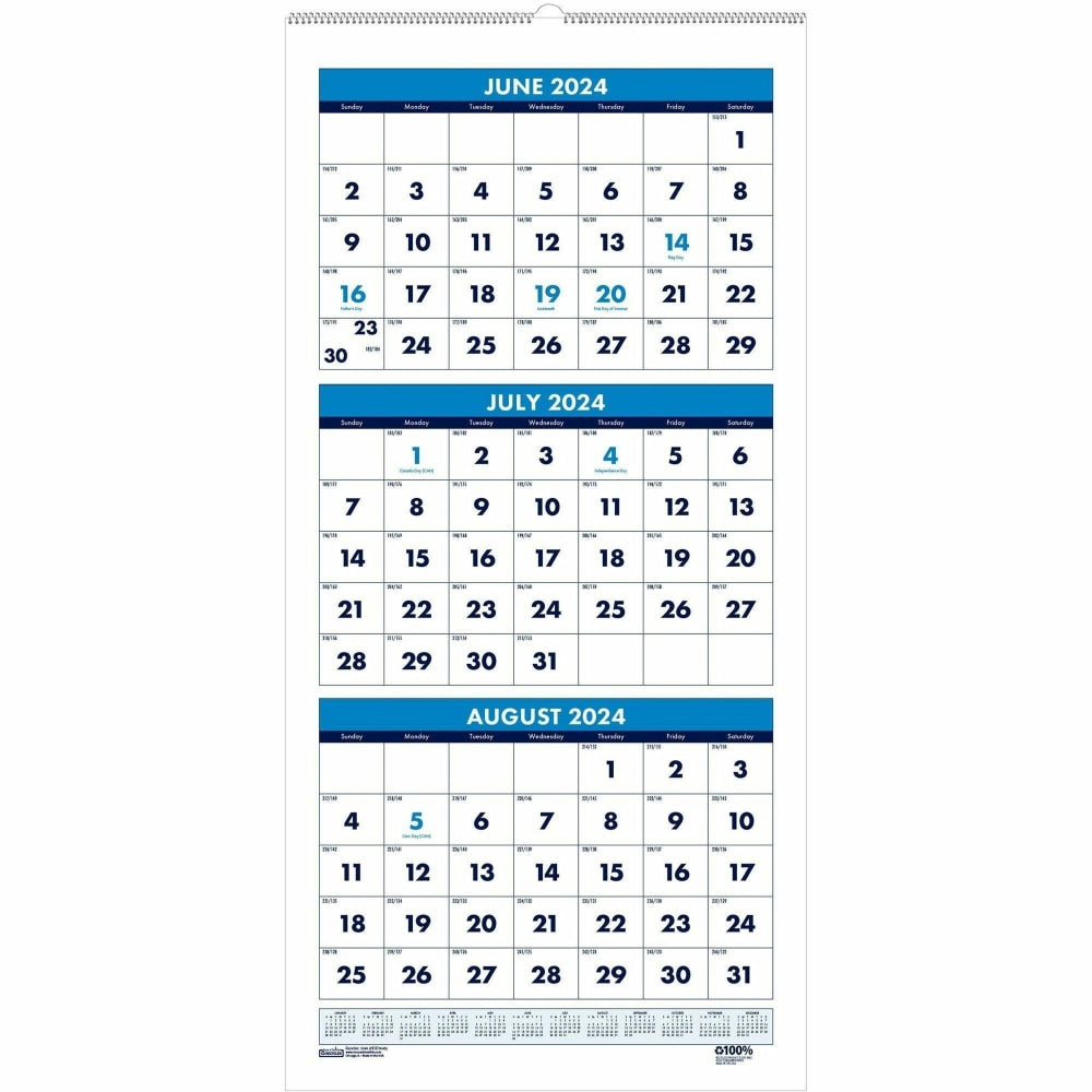 House of Doolittle Three-month Vertical Academic Wall Calendar - Academic - Julian Dates - Monthly - 14 Month - June 2024 - July 2025 - 3 Month Single Page Layout - Wire Bound - Teal - Paper - 8in Height x 17in Width - Reference Calendar - 1 Each