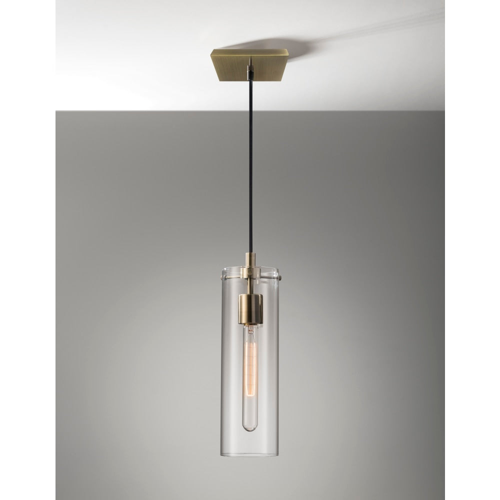 Adesso Dalton Hanging Pendant, 4-1/4inW, Clear Shade/Antique Brass Base