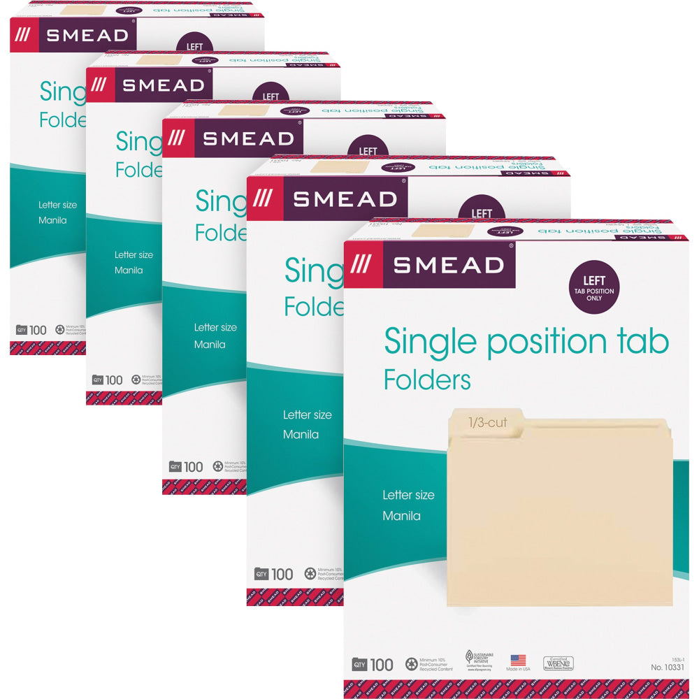 Smead Top Tab File Folders, Letter Size, 8 1/2in x 11in, 1/3 Tab Cut, Left Tab Position, 3/4in Expansion, Manila, Carton Of 500 Folders