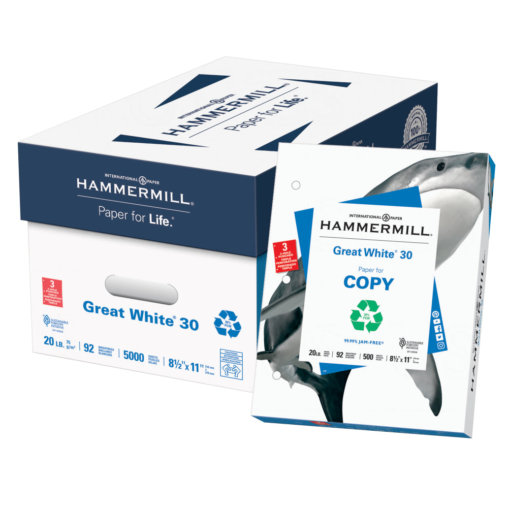 Hammermill Great White 3-Hole Punched Copy Paper, White, Letter (8.5in x 11in), 5000 Sheets Per Case, 20 Lb, 92 Brightness, 30% Recycled, Case Of 10 Reams