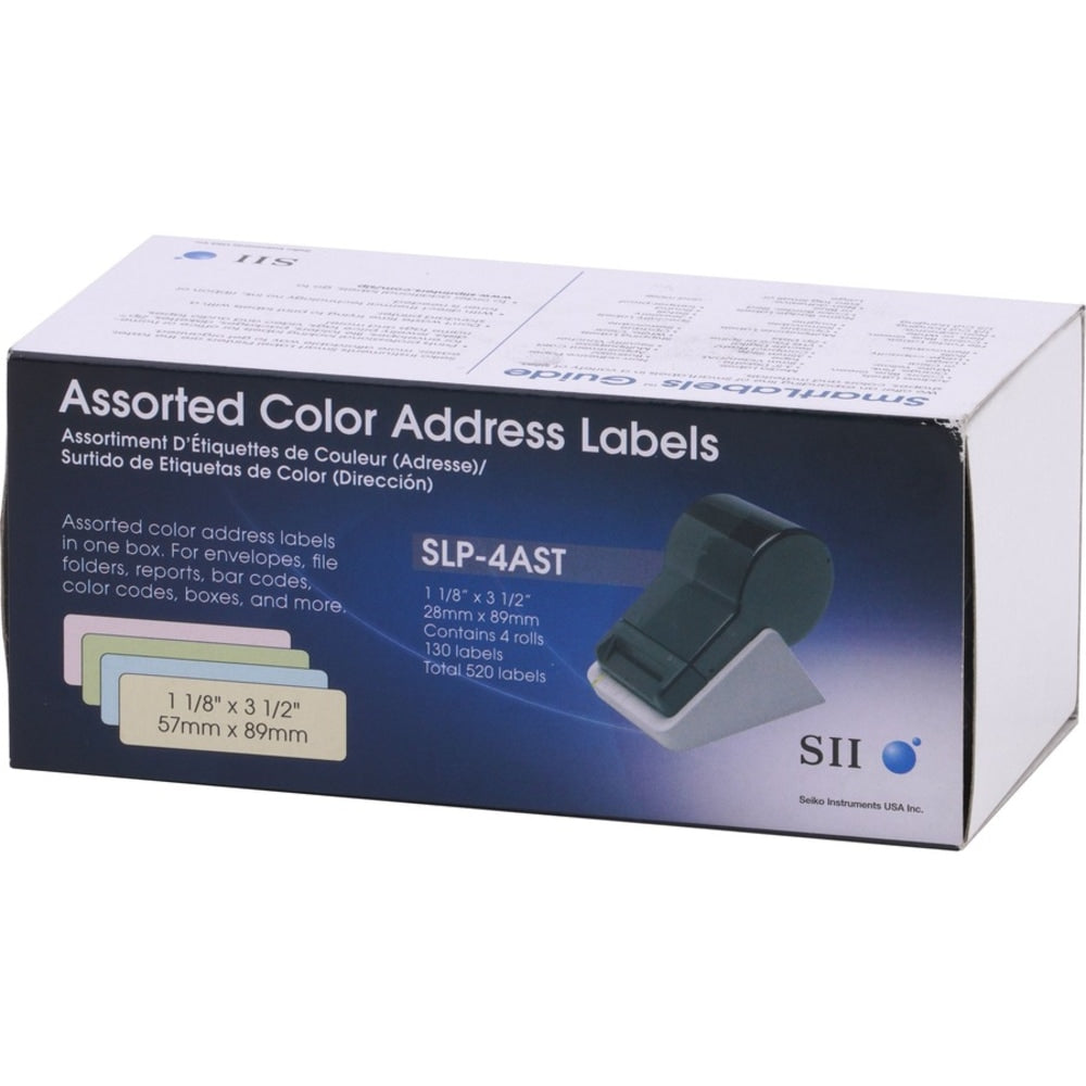 Seiko Direct Thermal Address Labels, SKPSLP4AST, Rectangle, 3 1/2inW x 1 1/8inL, Blue/Green/Pink, Roll Of 130 Labels