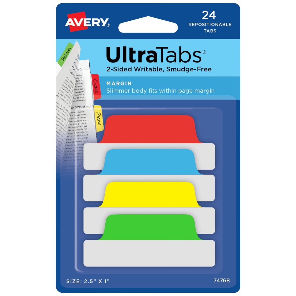 Avery Margin Ultra Tabs, 2.5in x 1in, Assorted Primary, Set Of 24 Repositionable Tabs