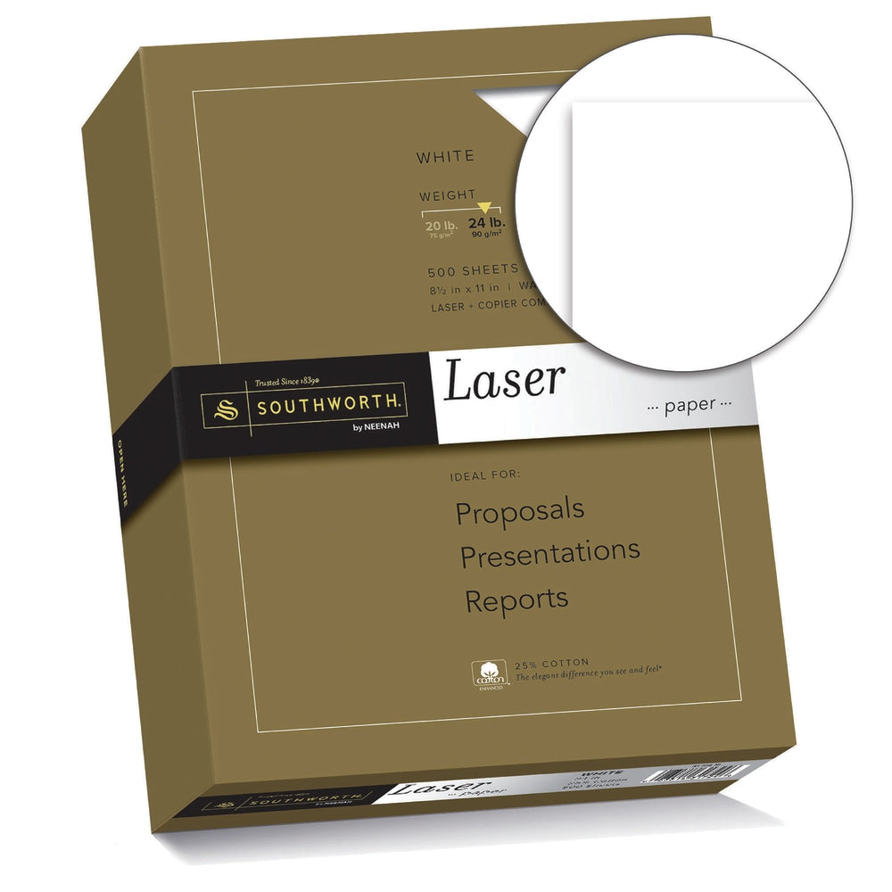 Southworth 25% Cotton Laser Paper, 8 1/2in x 11in, 24 Lb, White, Box Of 500