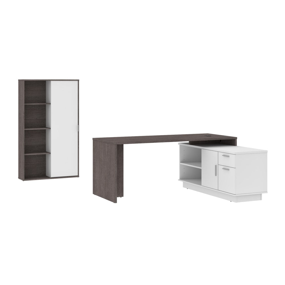 Bestar Equinox 72inW L-Shaped Corner Desk With Storage Cabinet, Bark Gray/White