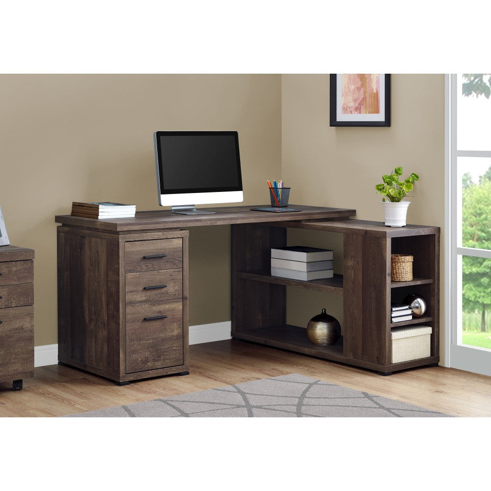 Monarch Specialties 60inW L-Shaped Corner Desk With Bookshelf, Brown Woodgrain