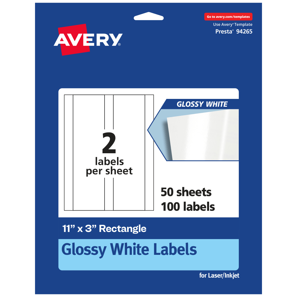 Avery Glossy Permanent Labels, 94265-WGP50, Rectangle, 11in x 3in, White, Pack Of 100