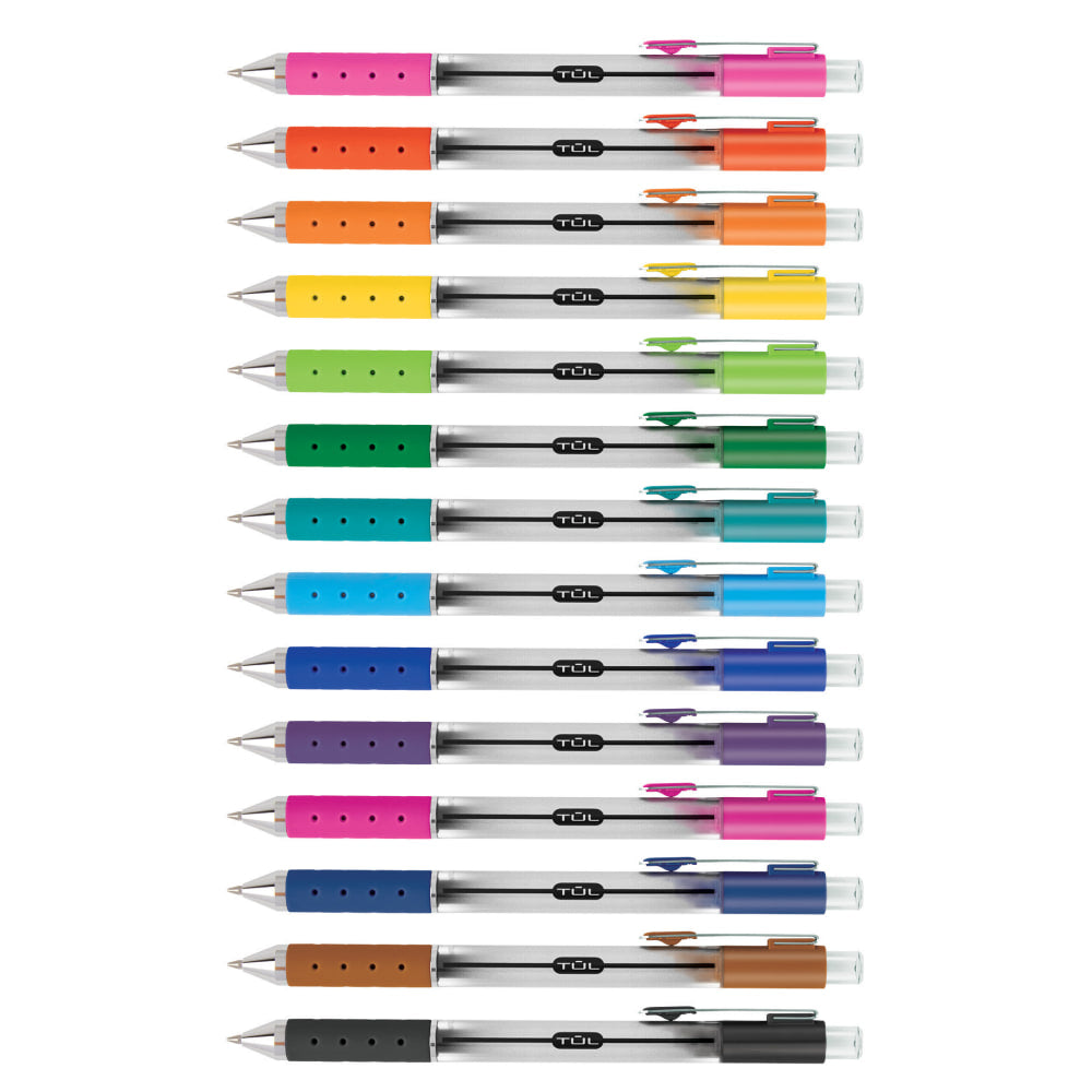 TUL GL Series Retractable Gel Pens, Medium Point, 0.7 mm, Silver Barrel, Assorted Standard & Bright Ink Colors, Pack Of 14 Pens