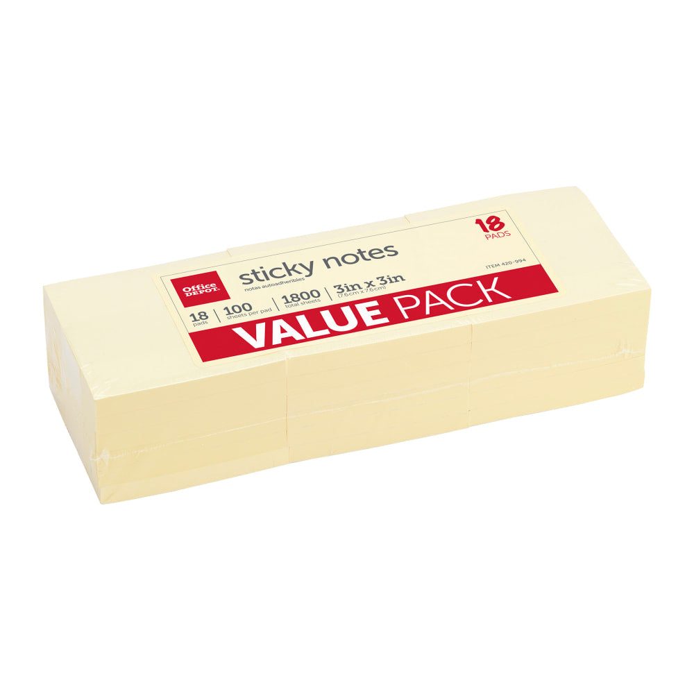 Office Depot Brand Sticky Notes Value Pack, 3in x 3in, Yellow, 100 Sheets Per Pad, Pack Of 18 Pads