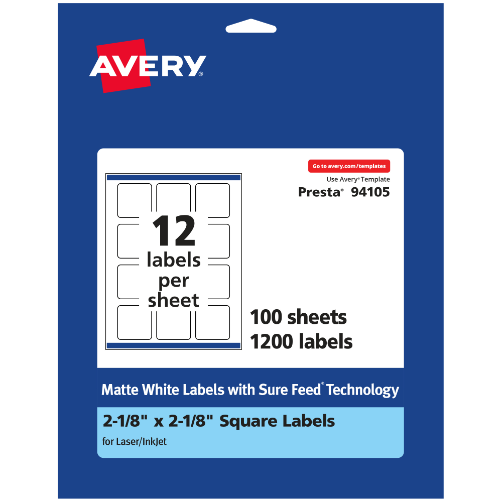 Avery Permanent Labels With Sure Feed, 94105-WMP100, Square, 2-1/8in x 2-1/8in, White, Pack Of 1,200