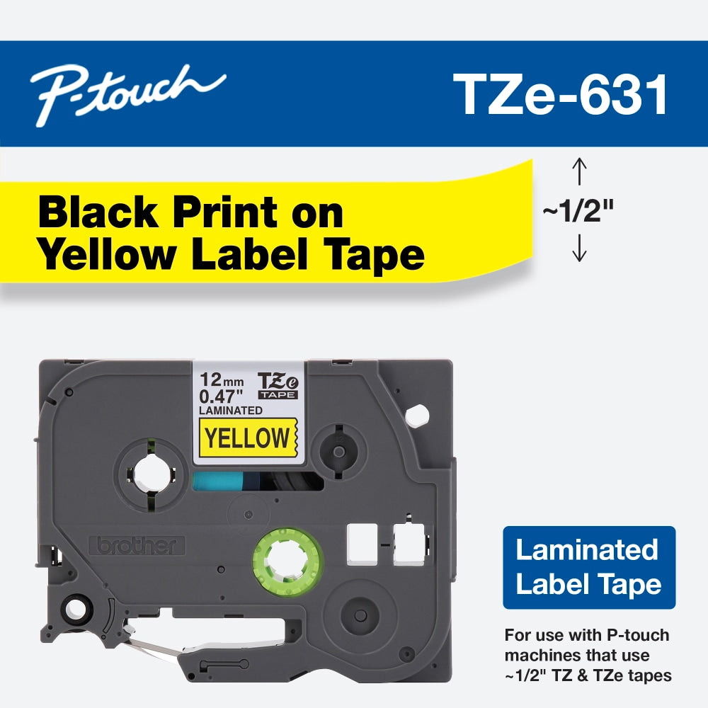 Brother TZe-631 Black-On-Yellow Tape, 0.5in x 26.2ft