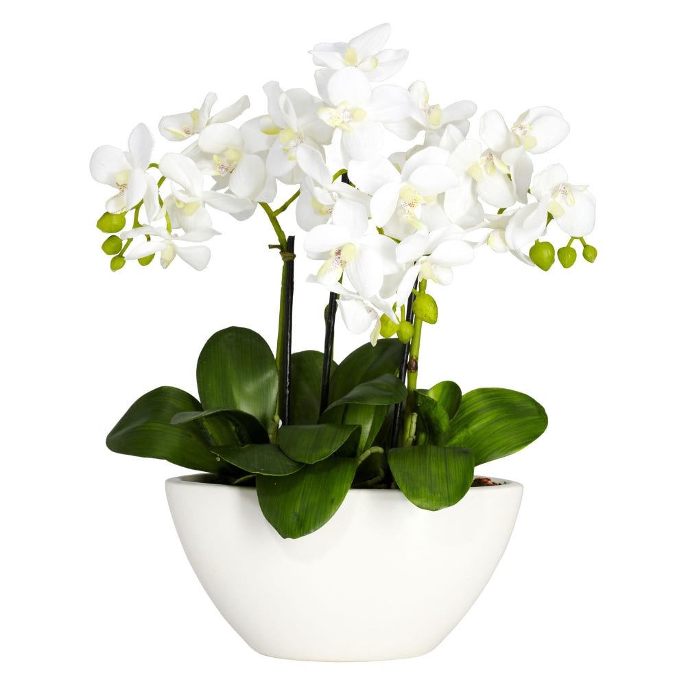 Nearly Natural 16inH Silk Triple Mini Phalaenopsis Flower Arrangement With Bowl Planter, White