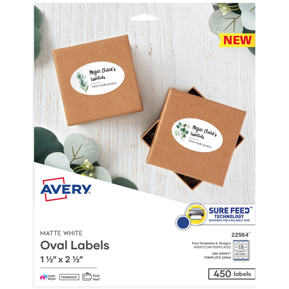 Avery Printable Blank ID Labels, 22564, Oval, 1.5in x 2.5in, White, Pack Of 450 Labels