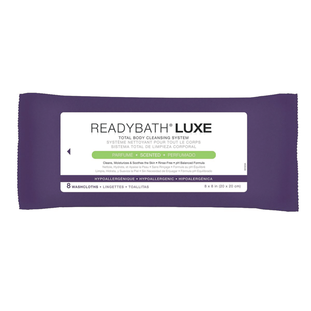 ReadyBath LUXE Total Body Cleansing Heavyweight Washcloths, Scented, 8in x 8in, White, 8 Washcloths Per Pack, Case Of 24 Packs