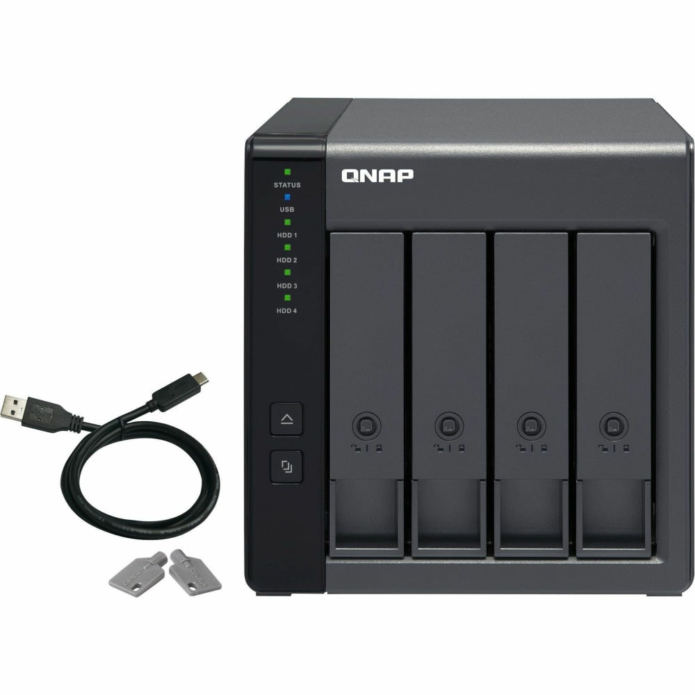 QNAP 4 Bay USB Type-C Direct Attached Storage with Hardware RAID - 4 x HDD Supported - 0 x HDD Installed - 4 x SSD Supported - 0 x SSD Installed - Serial ATA/600 Controller - RAID Supported - 4 x Total Bays - 4 x 2.5in/3.5in Bay - 1 USB Port(s)