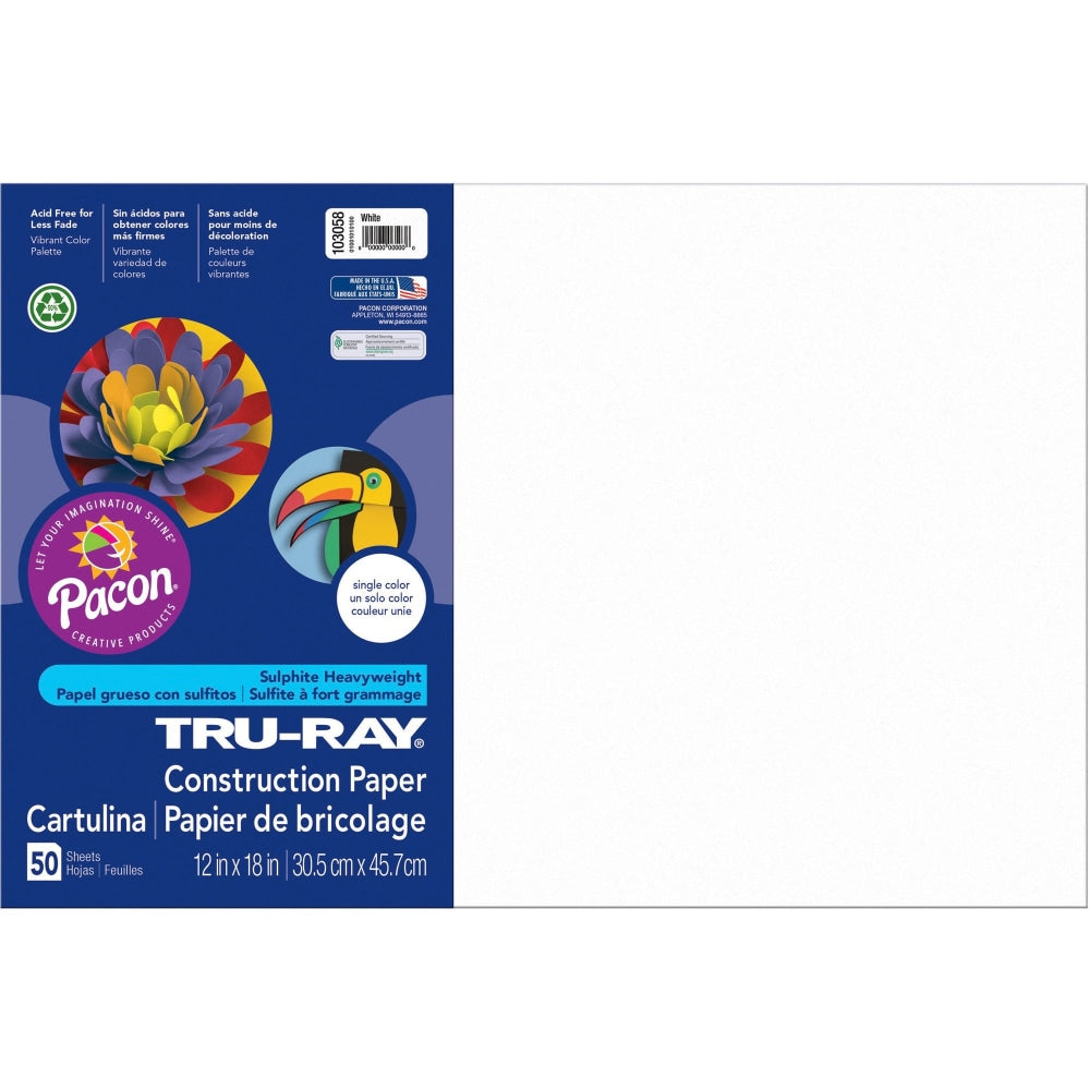 Tru-Ray Construction Paper, 50% Recycled, 12in x 18in, White, Pack Of 50