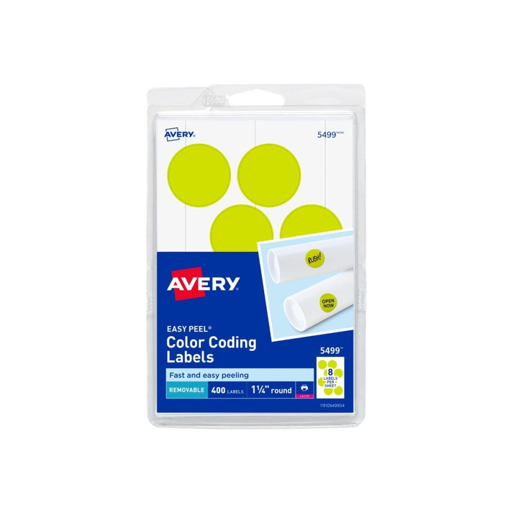 Avery Self-Adhesive Removable Labels, 5499, Round, 1-1/4in Diameter, Yellow Neon, Pack Of 400