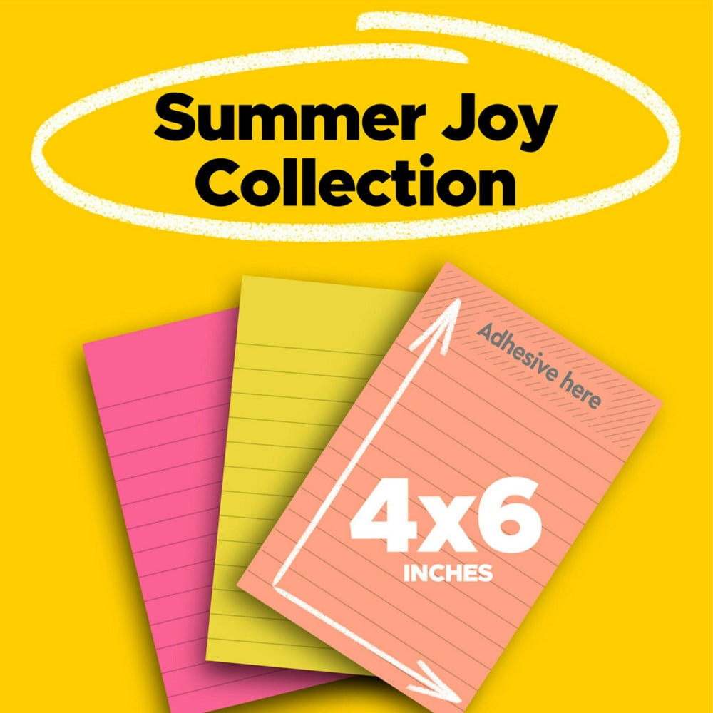 Post-it Super Sticky Notes, 4 in x 6 in, 3 Pads, 90 Sheets/Pad, 2x the Sticking Power, Summer Joy Collection, Lined