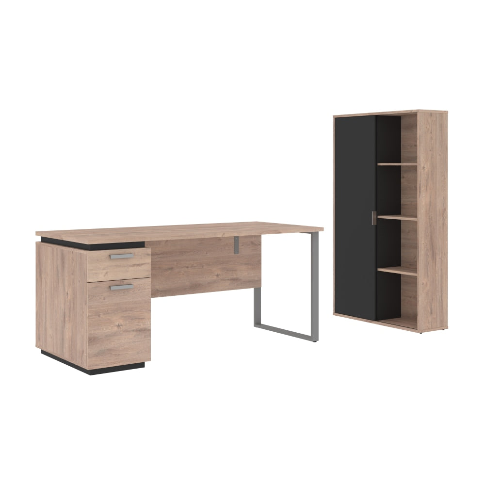 Bestar Aquarius 66inW Computer Desk With Single Pedestal And Storage Cabinet, Rustic Brown/Graphite