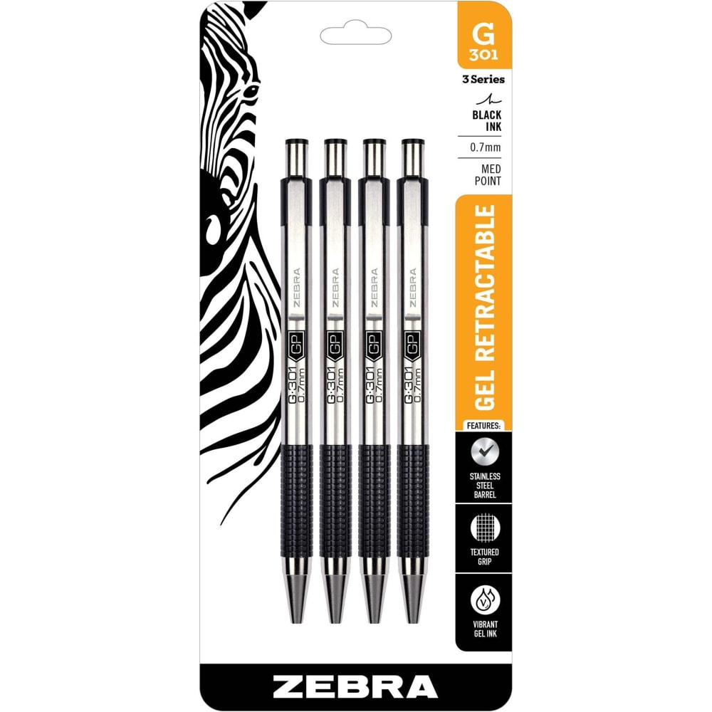 Zebra Pen STEEL 3 Series G-350 Retractable Gel Pens, Pack Of 4, Medium Point, 0.7 mm, Black Barrel, Black Ink