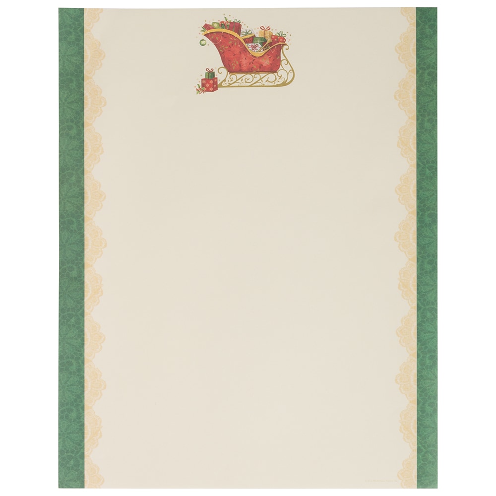 JAM Paper Christmas Paper, Letter Size (8 1/2in x 11in), 28 Lb, Santas Sleigh with Green Edging, Pack of 100 Sheets