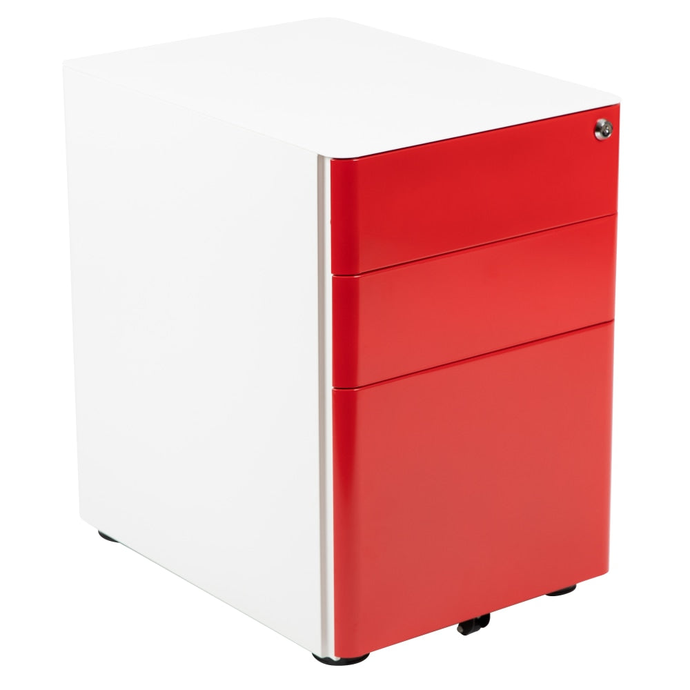 Flash Furniture Modern 21inD Vertical 3-Drawer Mobile Locking File Cabinet, White/Red