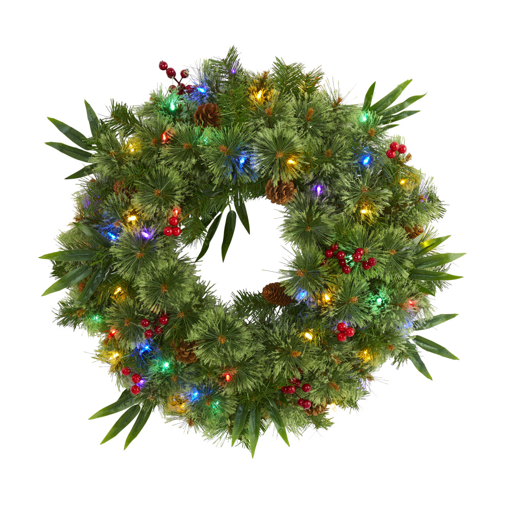 Nearly Natural 24inH Mixed Pine Artificial Christmas Wreath With 50 Multicolor LED Lights, Berries And Pine Cones, 24in x 5in, Green