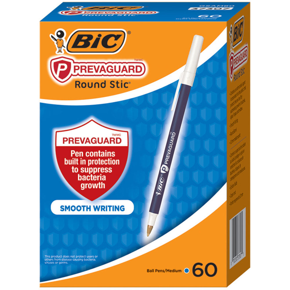 BIC Prevaguard Round Stic Pens With Antimicrobial Additive, Medium Point, 1.0 mm, Blue Barrel, Blue Ink, Pack Of 60 Pens