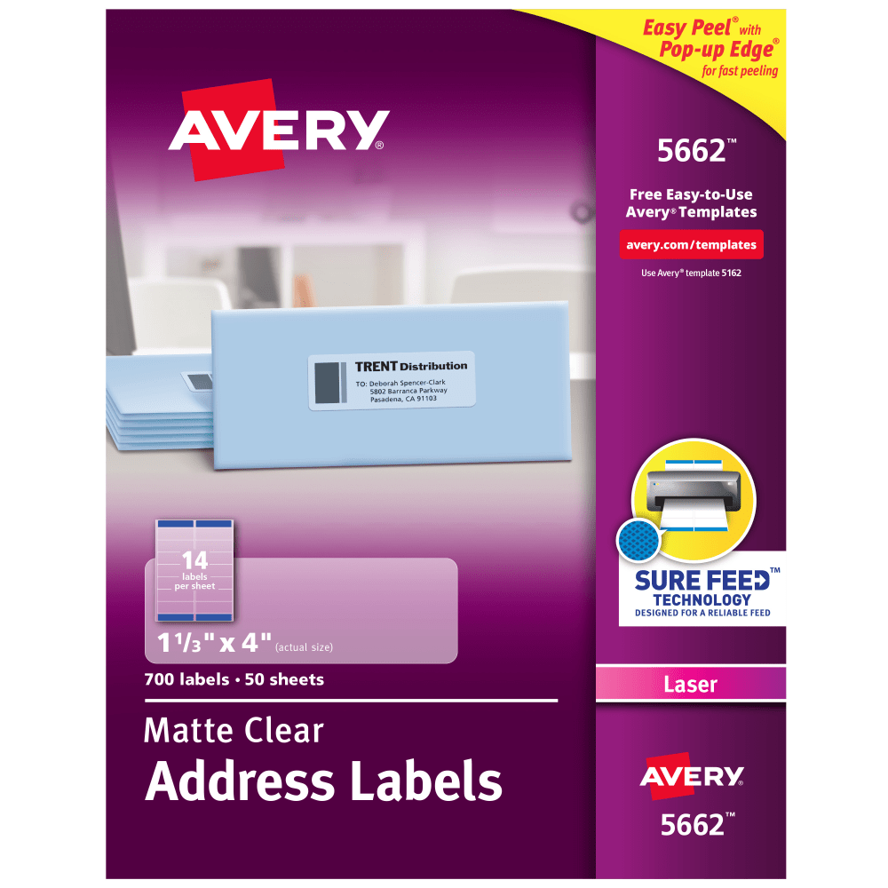 Avery Matte Address Labels With Sure Feed Technology, 5662, Rectangle, 1-1/3in x 4in, Clear, Pack Of 700 Labels