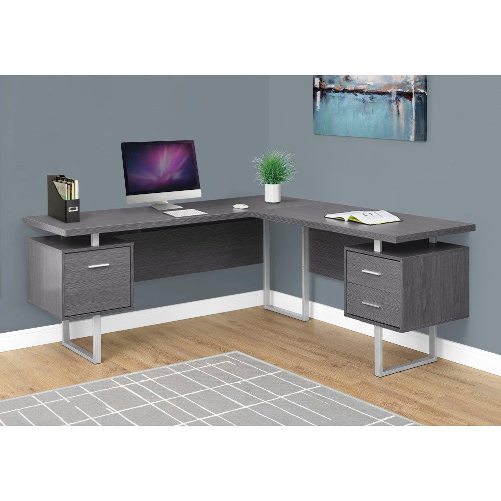 Monarch Specialties 71inW L-Shaped Corner Desk With 2 Drawers, Gray